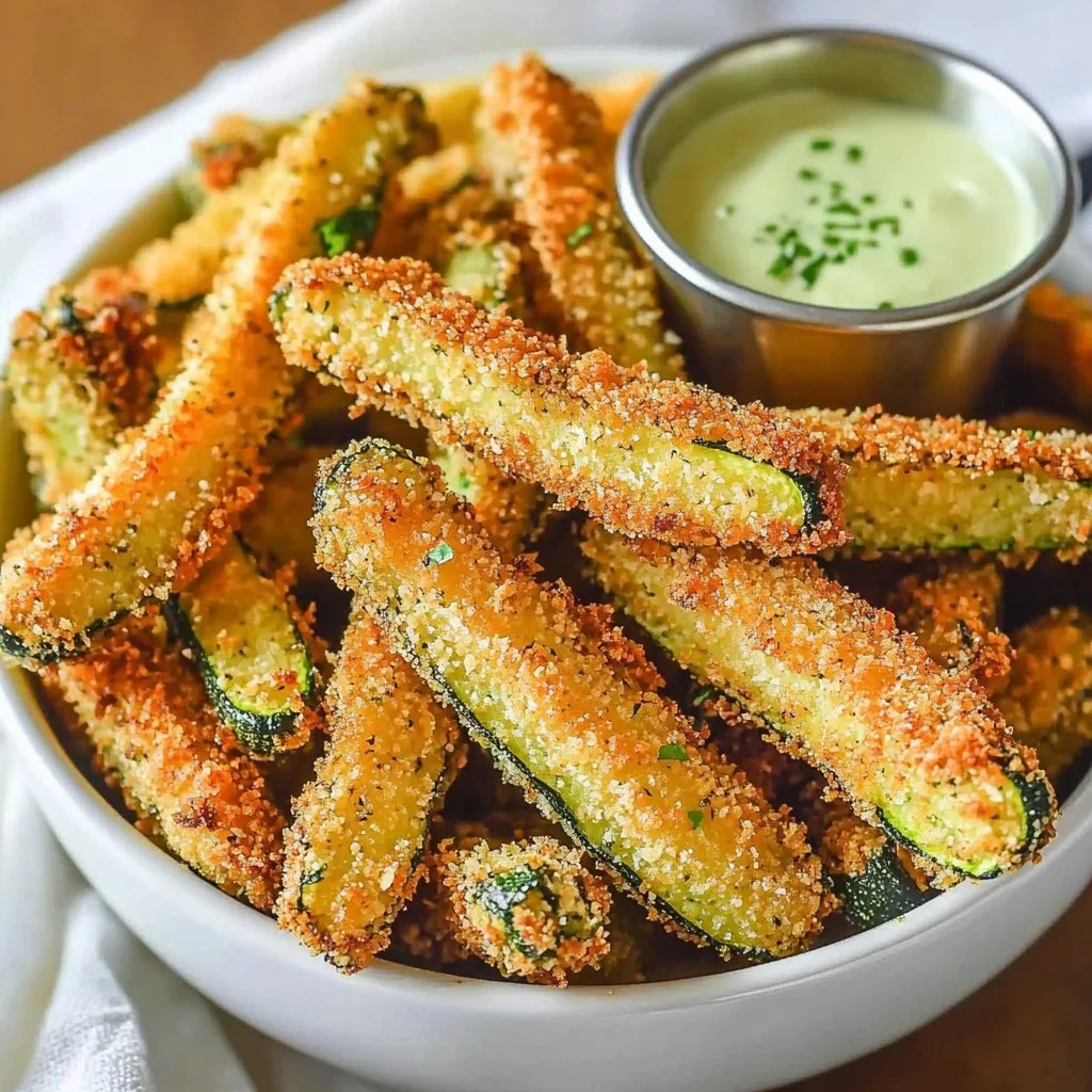 A plate of crispy air-fried avocado fries served with spicy ranch dipping sauce.