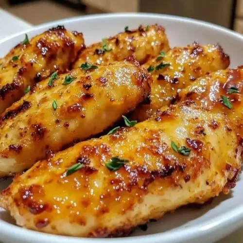 Crispy air fryer honey garlic chicken tenders served with dipping sauce.