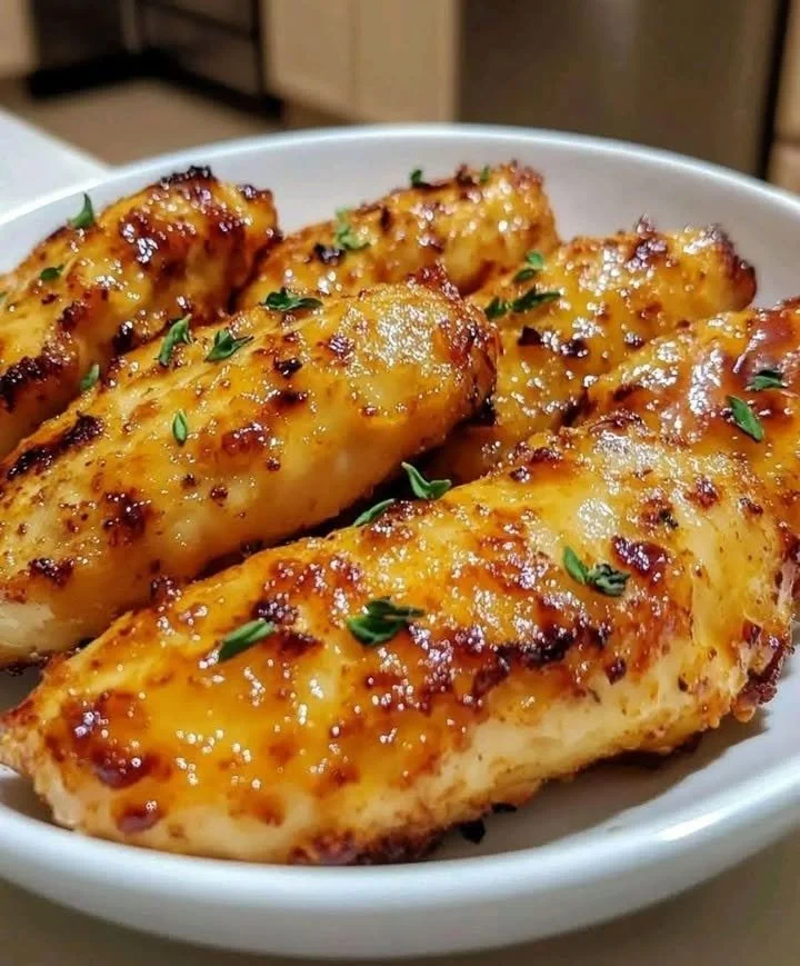 Crispy air fryer honey garlic chicken tenders served with dipping sauce.