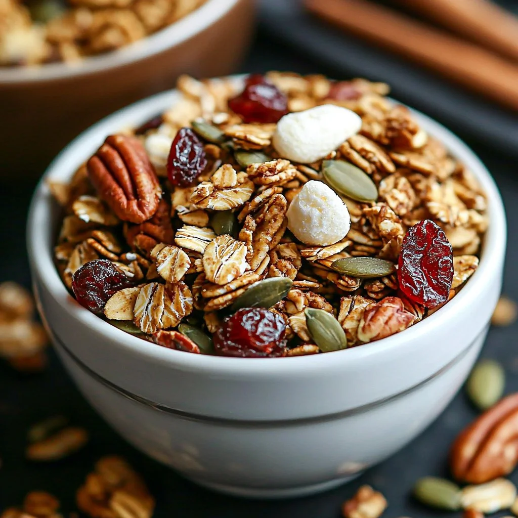 Autumn pumpkin spice snack mix with nuts, pretzels, and seasonal spices