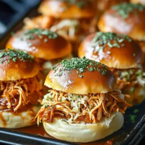 Baked buffalo sliders served with tangy coleslaw on a platter