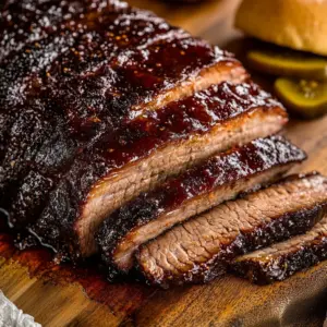 Juicy BBQ beef brisket cooked in a slow cooker with spices and BBQ sauce