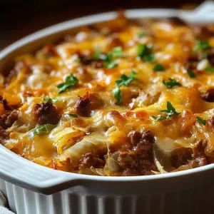 Delicious Beef and Cabbage Bake dish served in a skillet with melted cheese