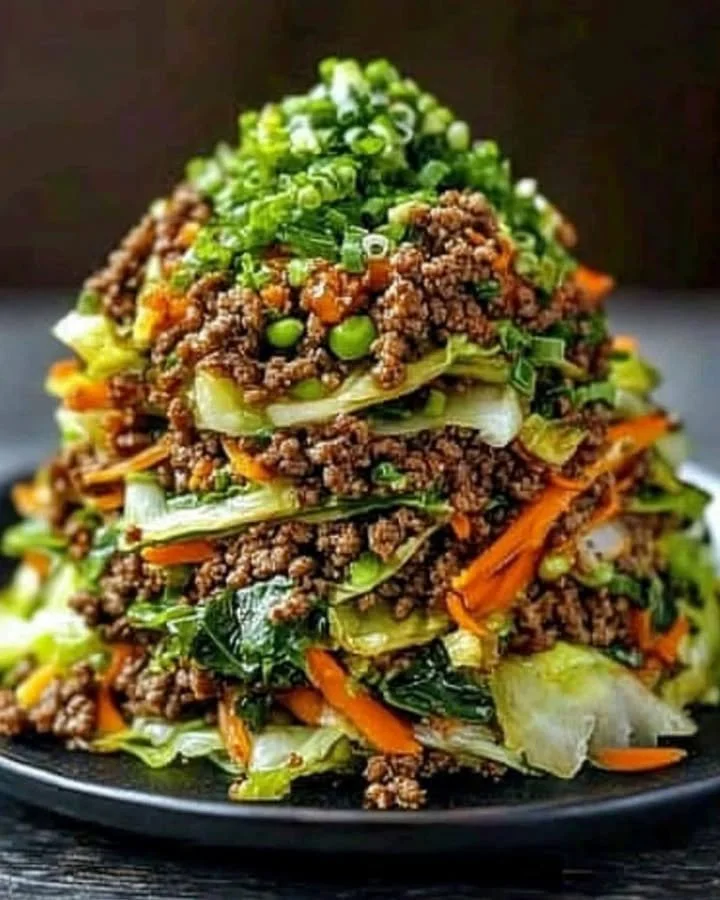 Beef Stir-Fry with cabbage, colorful vegetables, and garnishes on a plate