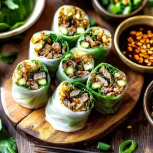 Savory beef rolls with Thai basil served on a plate.
