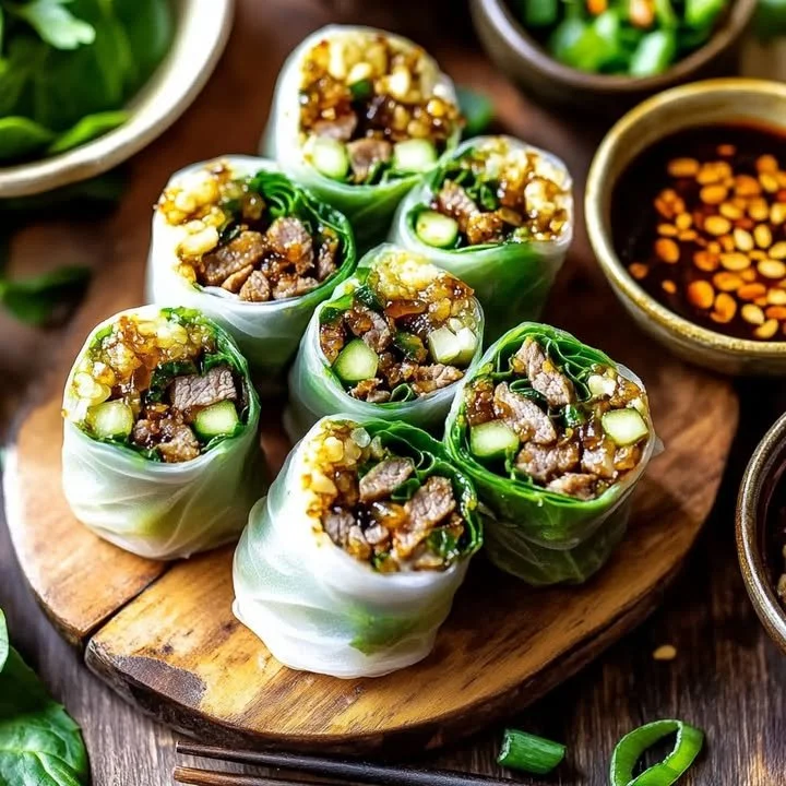 Savory beef rolls with Thai basil served on a plate.