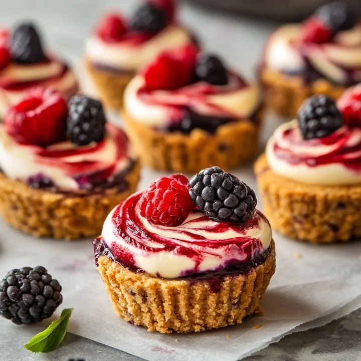 Berry Swirled Cheesecake Bites with creamy cheesecake filling and berry sauce
