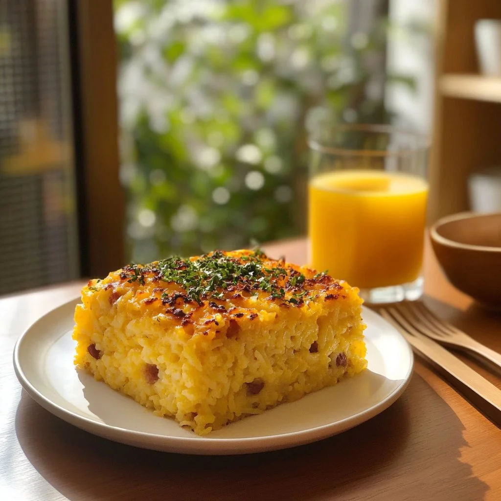Delicious hash browns sausage breakfast casserole in a baking dish