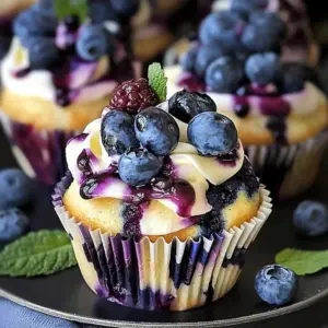 Blueberry cheesecake cupcakes topped with white chocolate drizzle.