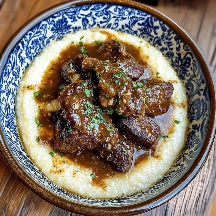Braised beef tips served with creamy grits on a plate, garnished for presentation.