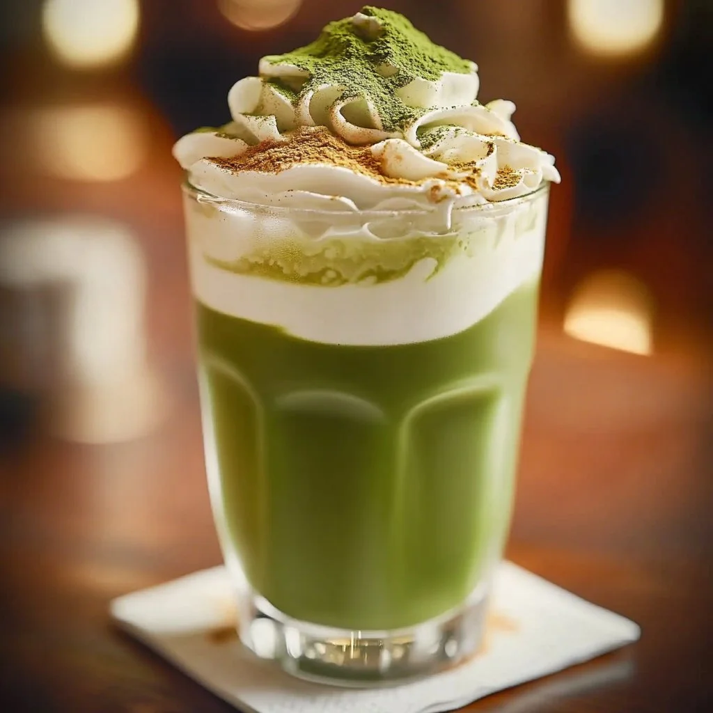 A refreshing Brown Sugar Matcha Iced Latte topped with creamy foam and ice.