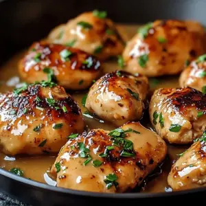 Butter chicken skillet topped with honey butter, garnished with herbs.
