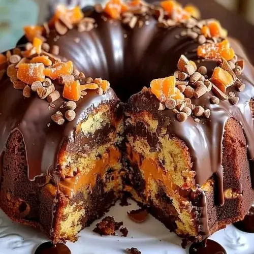 Delicious Butterfinger Chocolate Bundt Cake topped with chocolate and Butterfinger bits