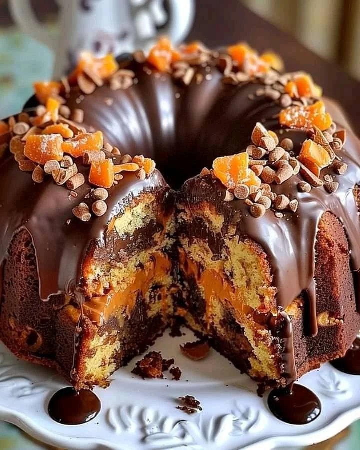 Delicious Butterfinger Chocolate Bundt Cake topped with chocolate and Butterfinger bits
