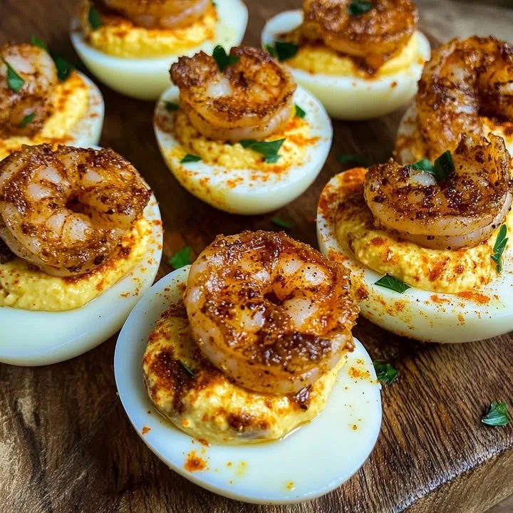 Cajun shrimp deviled eggs with a flavorful kick, perfect for parties.
