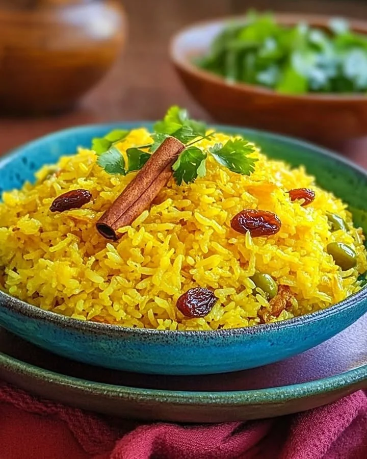 Cape Malay Spiced Yellow Rice garnished with herbs and spices