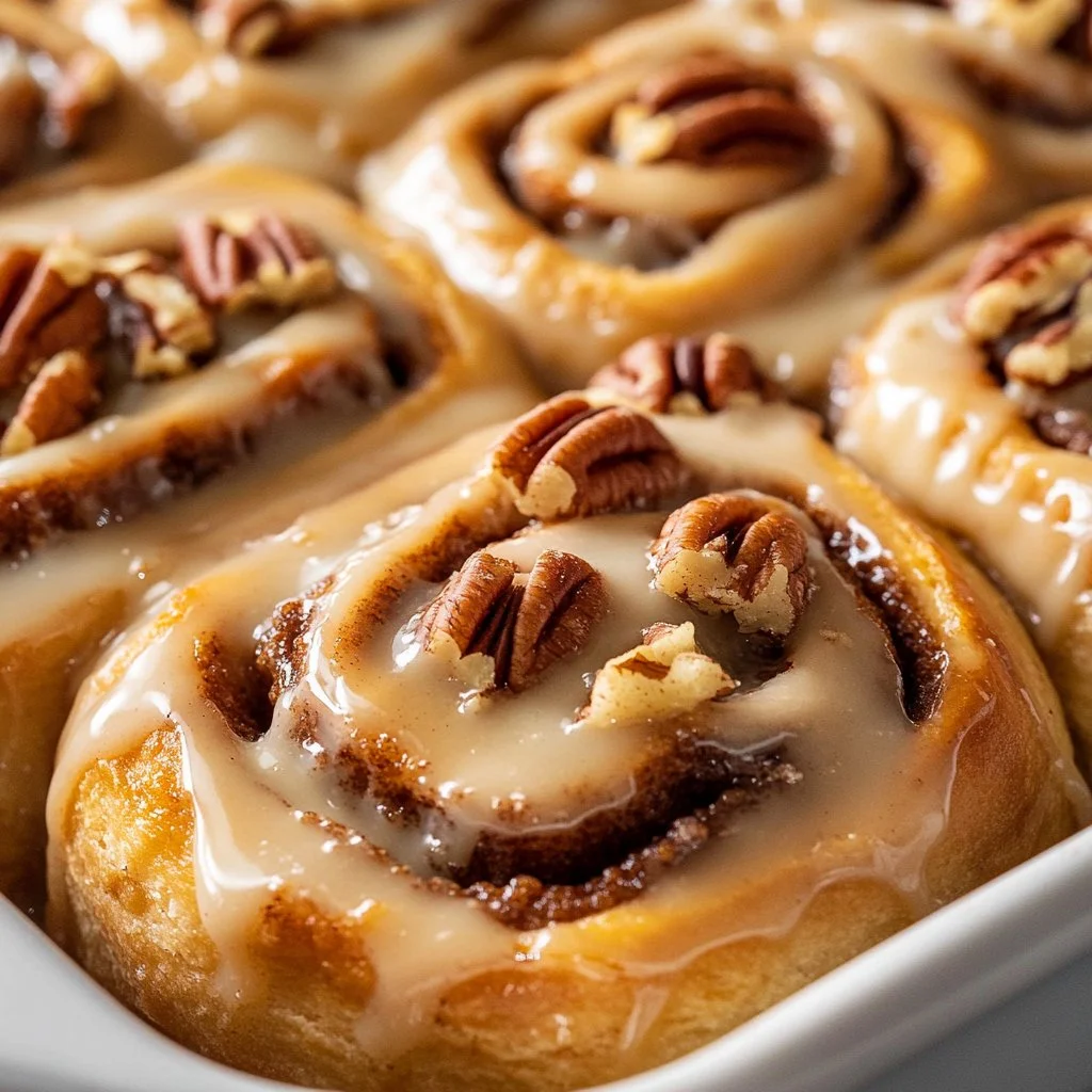 Freshly baked caramel cinnamon rolls drizzled with caramel sauce