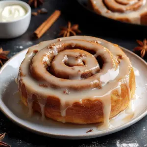 Delicious chai spiced cinnamon rolls with icing on a plate