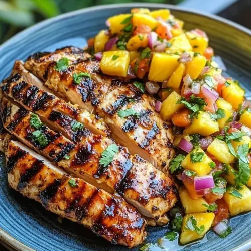 Delicious char-grilled lemon ginger chicken garnished with fresh herbs.