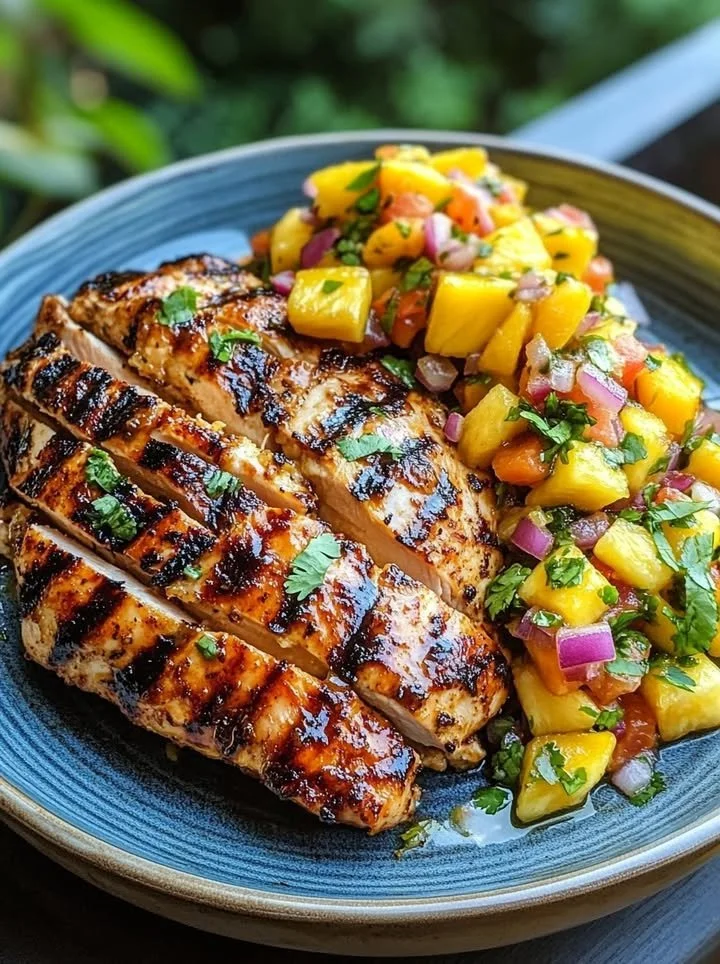 Delicious char-grilled lemon ginger chicken garnished with fresh herbs.
