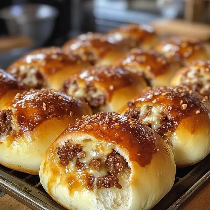 Golden crust cheese-stuffed meat buns fresh out of the oven