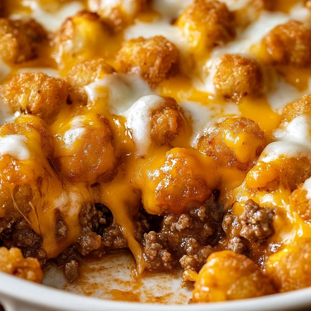 Cheeseburger tater tot bake with melted cheese and golden tater tots