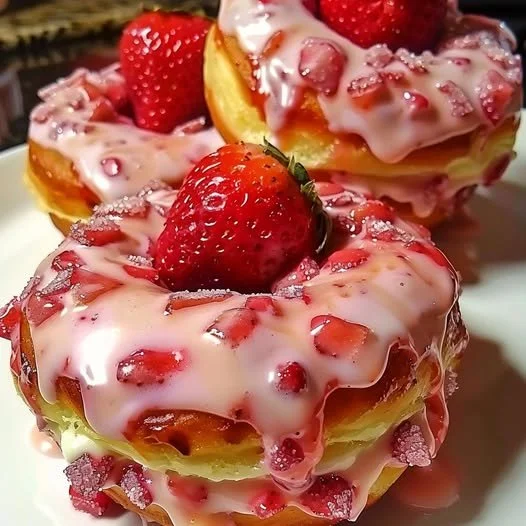 Delicious cheesecake-stuffed strawberry donuts on a plate