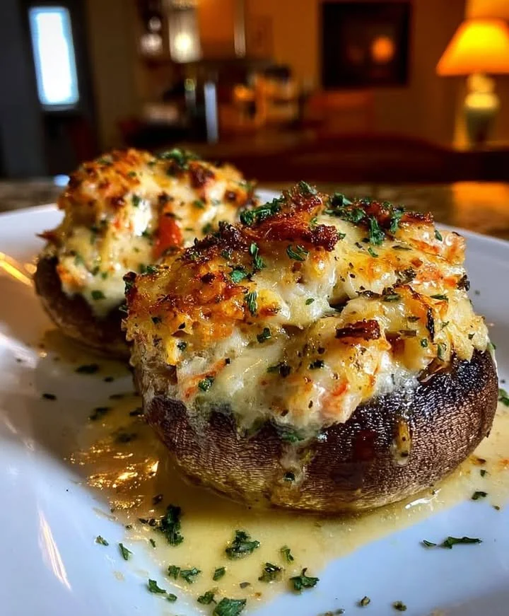 Cheesy crab stuffed mushrooms garnished and ready to serve.