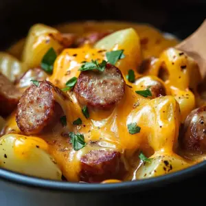 Delicious Cheesy Crockpot Chicken and Sausage served in a bowl