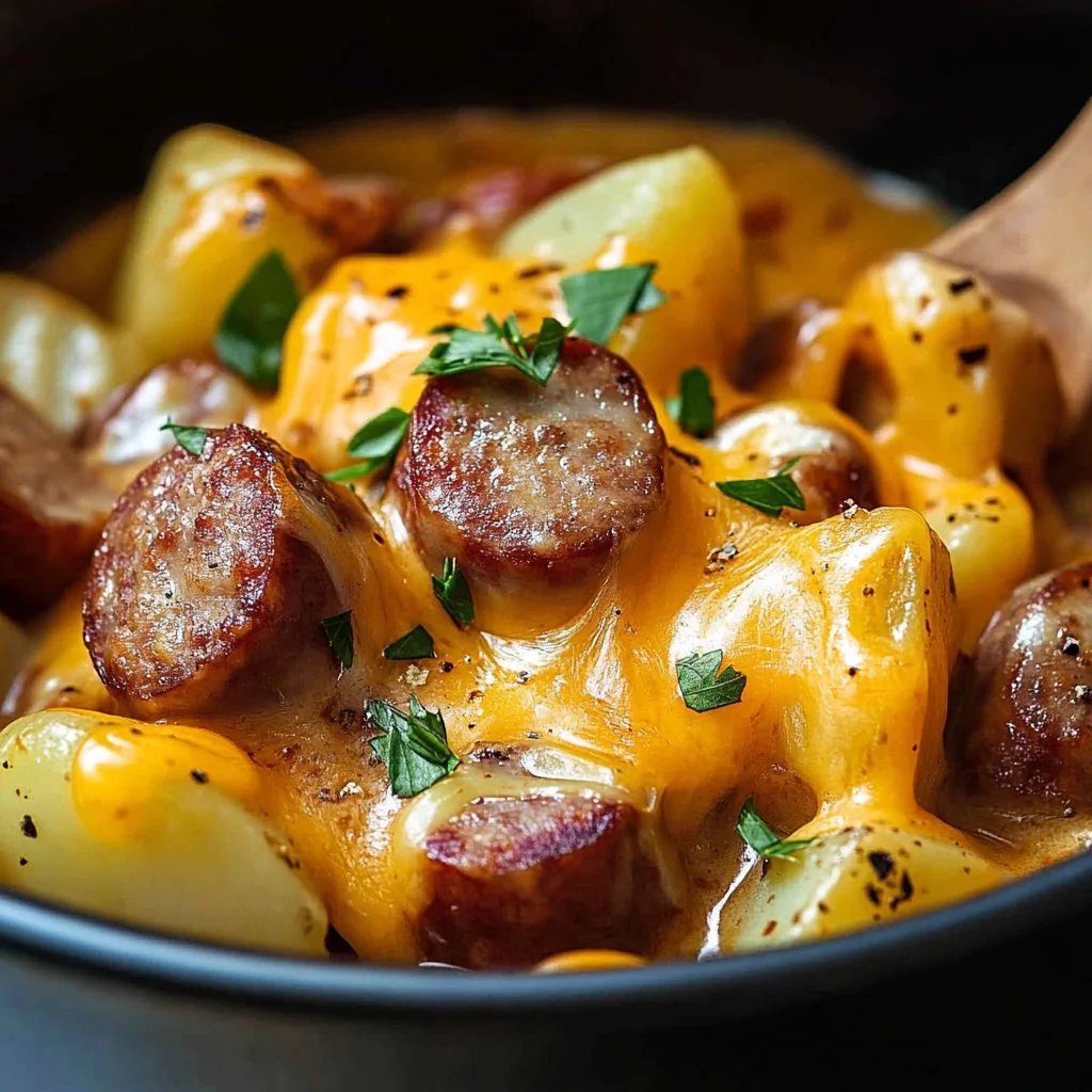 Delicious Cheesy Crockpot Chicken and Sausage served in a bowl
