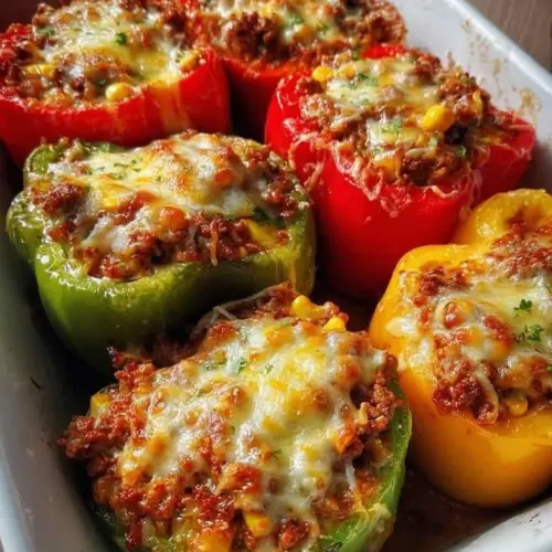 Cheesy ground beef stuffed peppers on a plate, garnished and ready to serve.