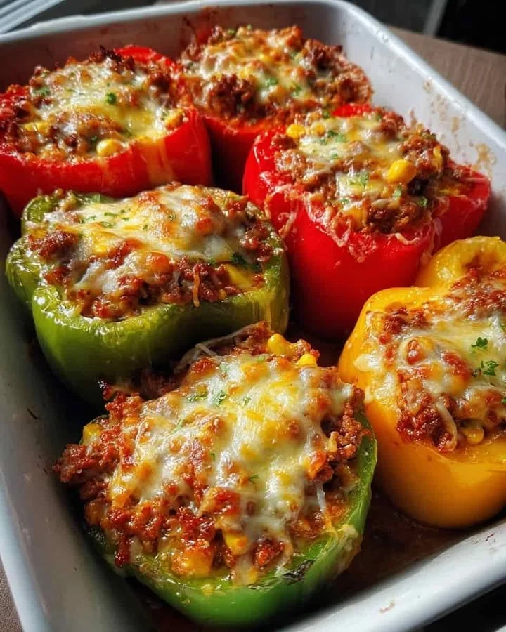 Cheesy ground beef stuffed peppers on a plate, garnished and ready to serve.