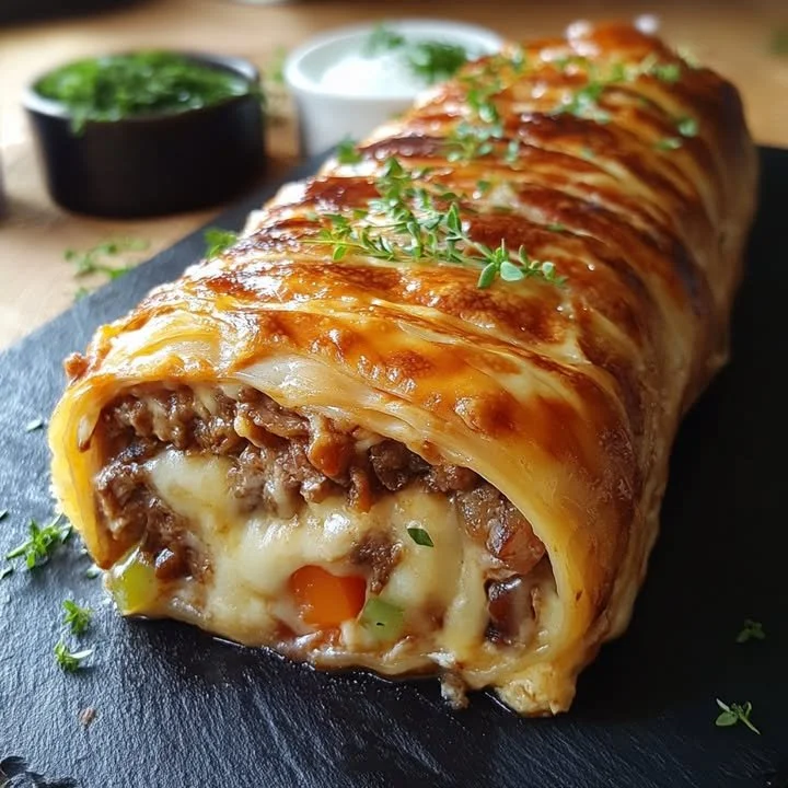 Cheesy ground meat puff pastry rolls served on a plate.