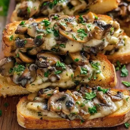 Cheesy mushroom sandwich melts with toppings on a plate