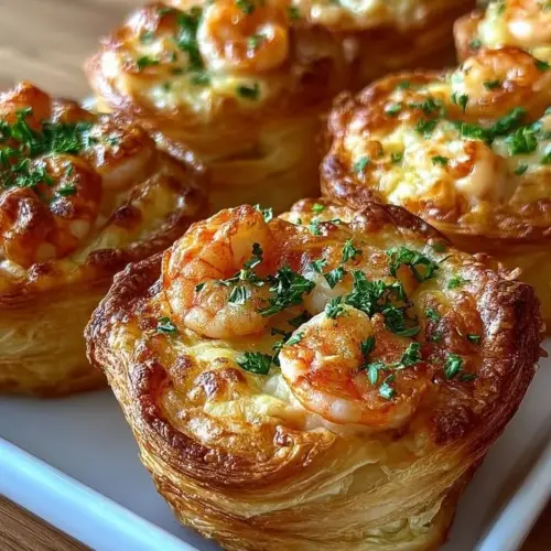 Cheesy shrimp puff pastry bites on a serving platter