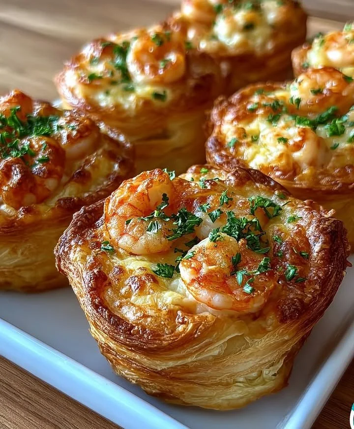 Cheesy shrimp puff pastry bites on a serving platter