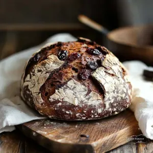 Freshly baked Cherry Chocolate Sourdough Bread with chocolate chunks and cherries.