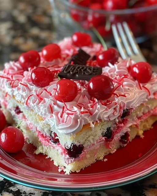 Delicious Cherry Jubilee Layer Cake with cherries and creamy frosting