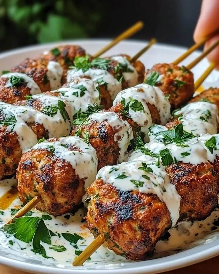 Plate of Chicken Kofta with garlic yogurt sauce and fresh herbs