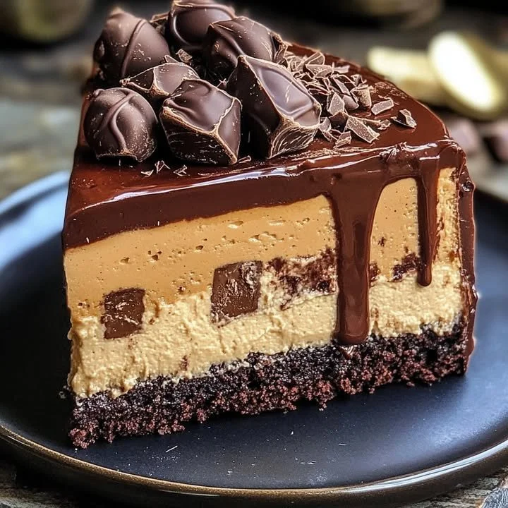 Delicious Chocolate Peanut Butter Cheesecake Cake with a creamy topping