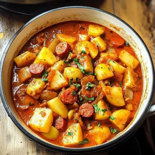 Chorizo-Spiced Spanish Potato Soup in a bowl garnished with fresh herbs