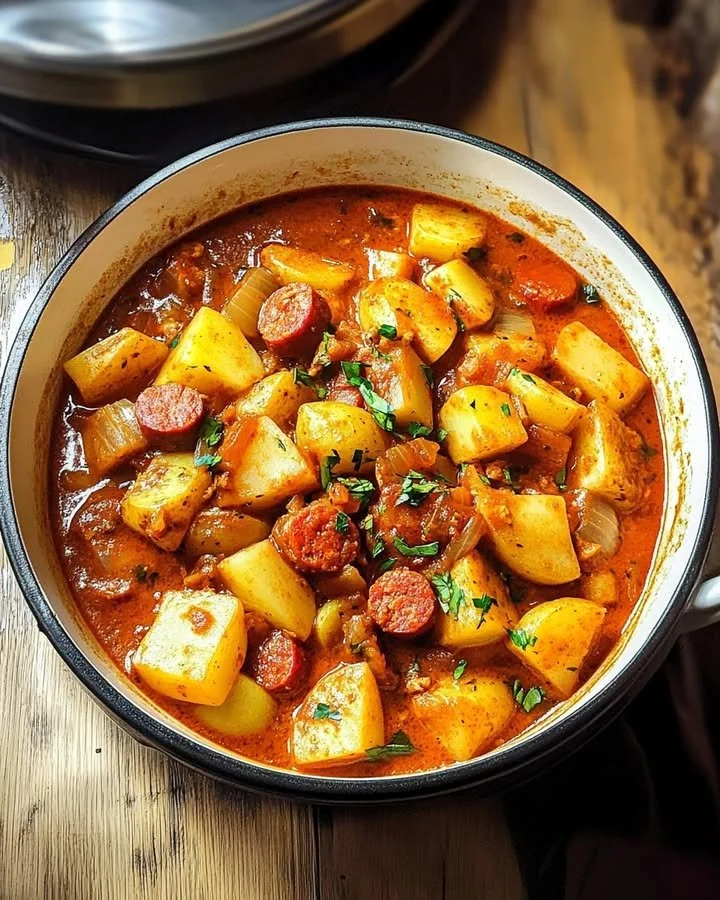 Chorizo-Spiced Spanish Potato Soup in a bowl garnished with fresh herbs