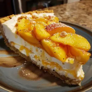 Cobbler Infused Peach Cheesecake Dream topped with fresh peaches and crumble.