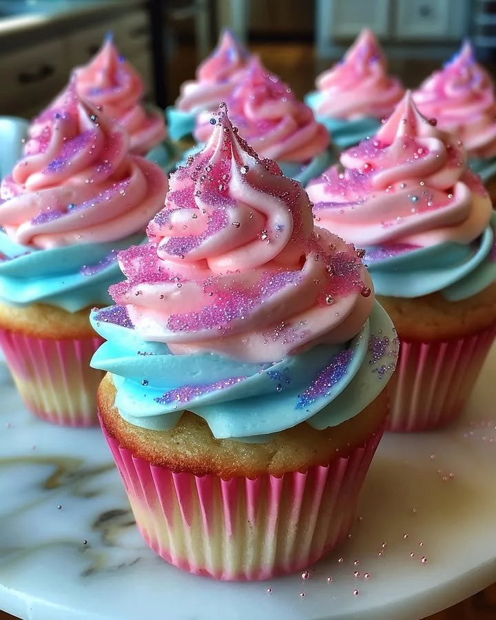 Colorful cotton candy cupcake topped with fluffy cotton candy at the gala.
