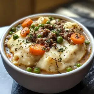 Cozy pie soup with dumplings in a bowl, garnished and steaming hot