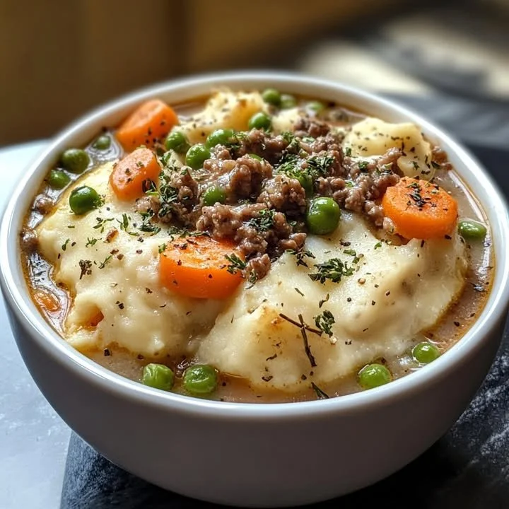 Cozy pie soup with dumplings in a bowl, garnished and steaming hot