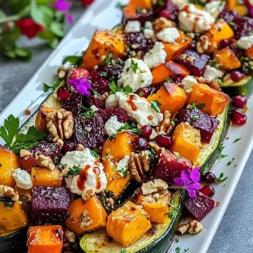 Cranberry chili zucchini boats filled with a spicy and tangy mixture
