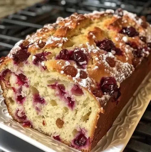Delicious Cranberry Orange Loaf served on a wooden cutting board.