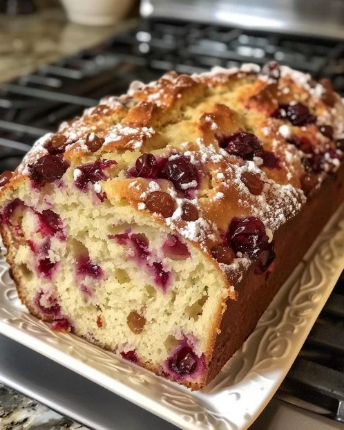 Delicious Cranberry Orange Loaf served on a wooden cutting board.