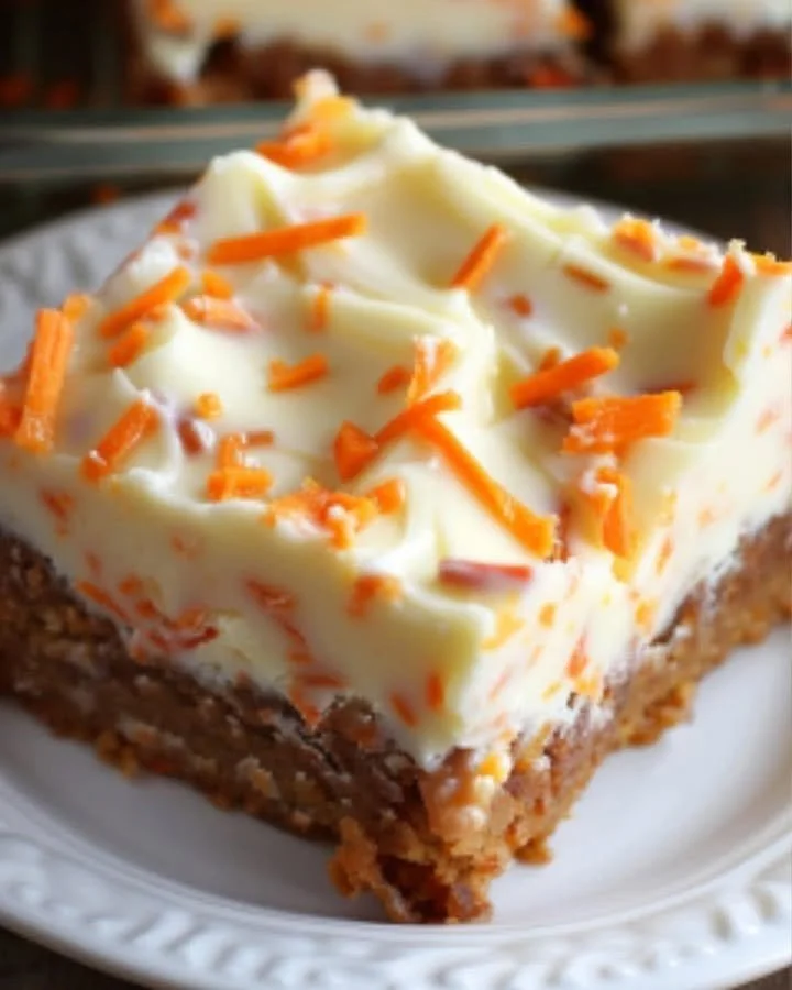 Cream cheese frosted carrot cake bars on a wooden table